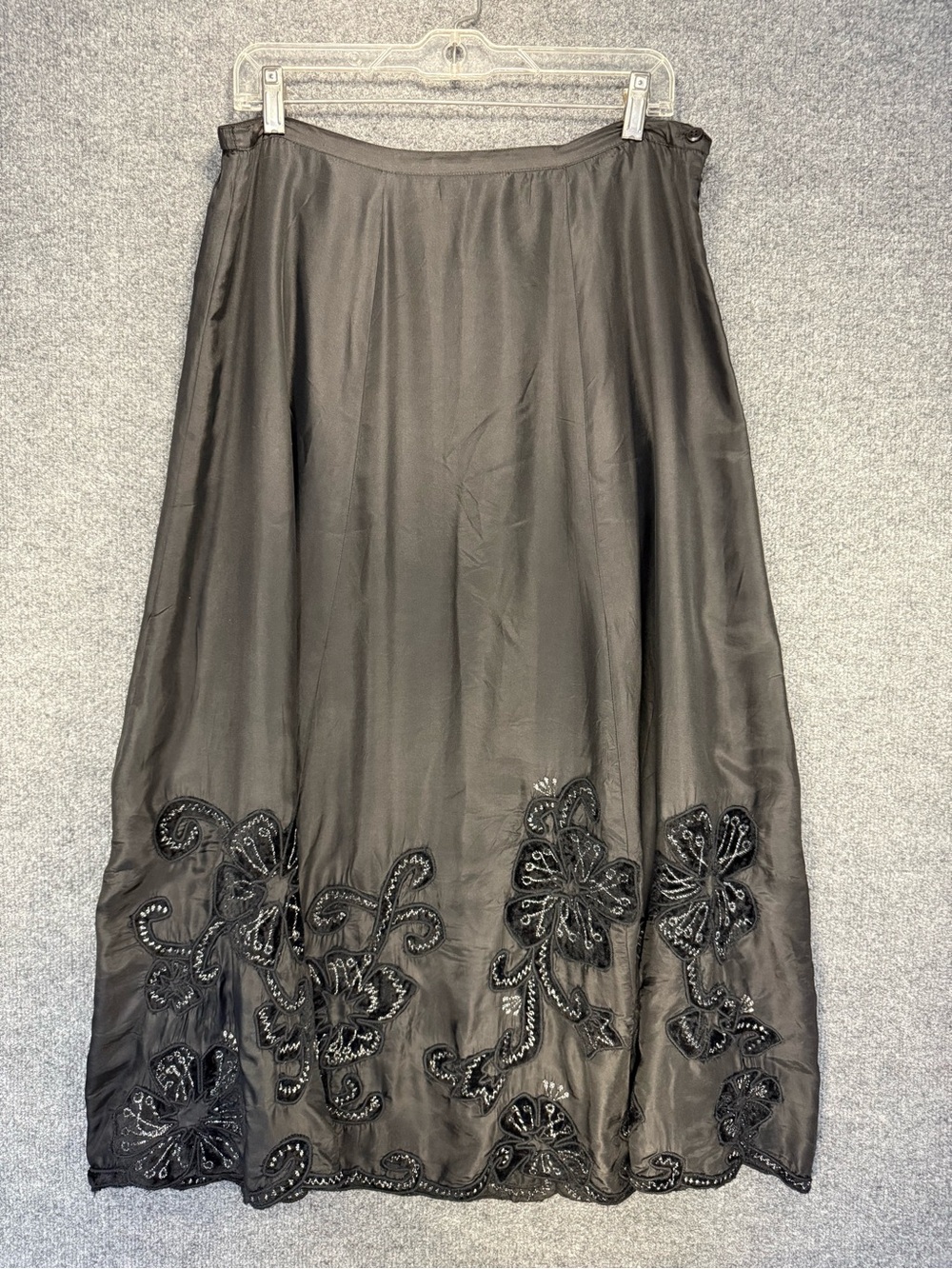 Chico's Silk Black Maxi Skirt w/ Crushed Velvet Floral & Metallic Embroidery
